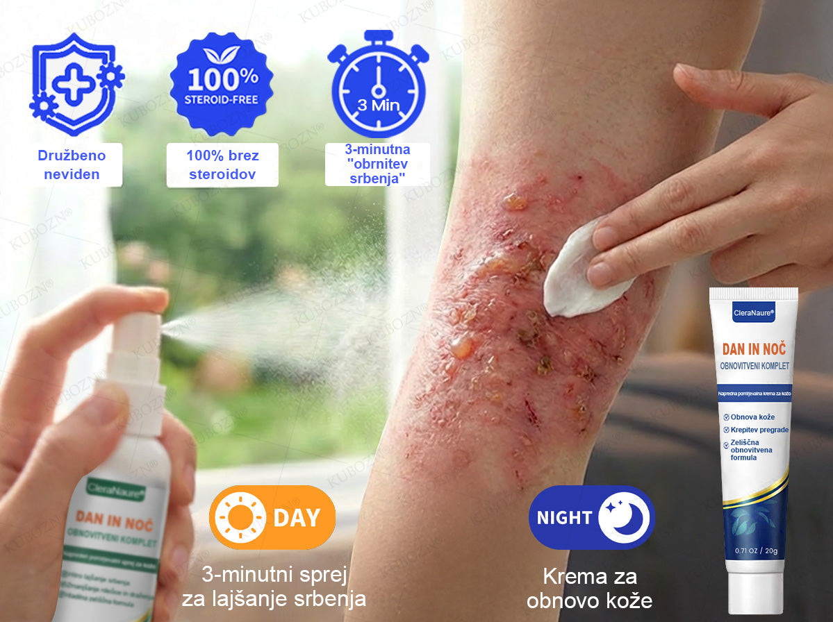 CleraNaure® Eczema Day & Night Repair System – 100-odstotno brezsteroidni dvojček za lajšanje hudega srbenja, rdečine in prekinjene kože (v posebni ponudbi)