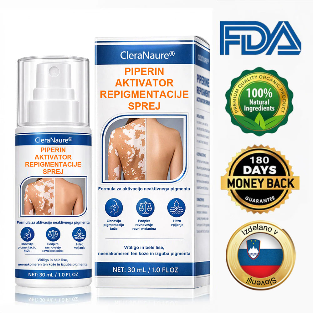 CleraNaure® Piperine Repigment Aktivator Sprej, ki aktivira neaktivne pigmentne celice in povrne naravno barvo kože.