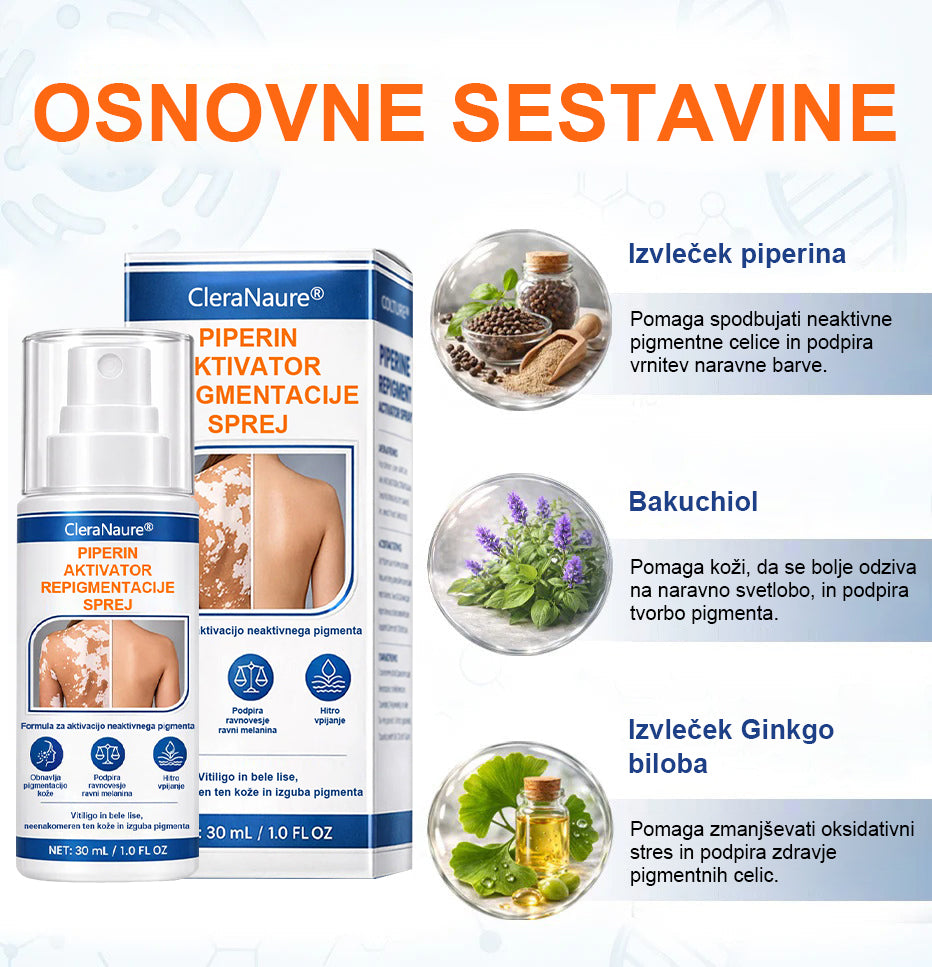 CleraNaure® Piperine Repigment Aktivator Sprej, ki aktivira neaktivne pigmentne celice in povrne naravno barvo kože.