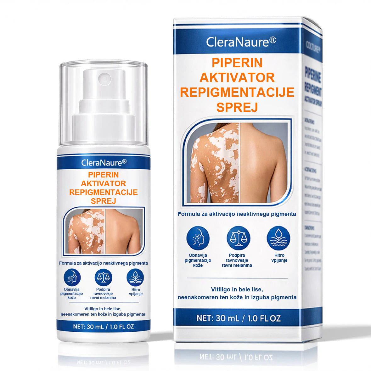 CleraNaure® Piperine Repigment Aktivator Sprej, ki aktivira neaktivne pigmentne celice in povrne naravno barvo kože.