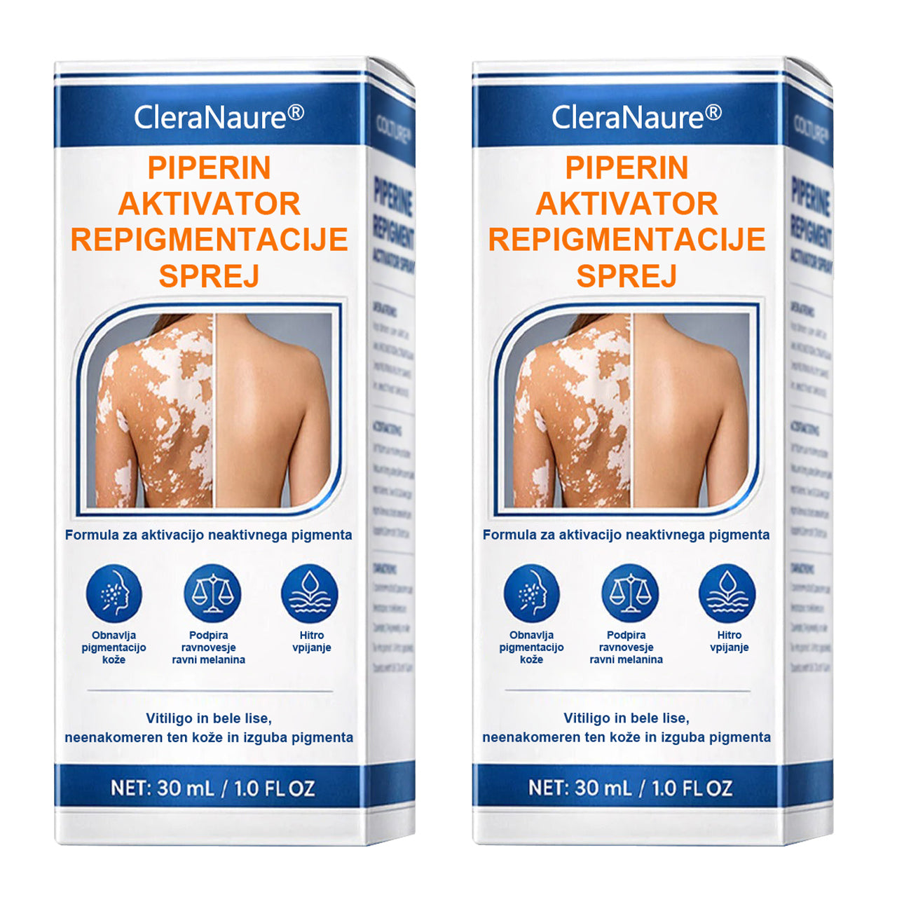 CleraNaure® Piperine Repigment Aktivator Sprej, ki aktivira neaktivne pigmentne celice in povrne naravno barvo kože.